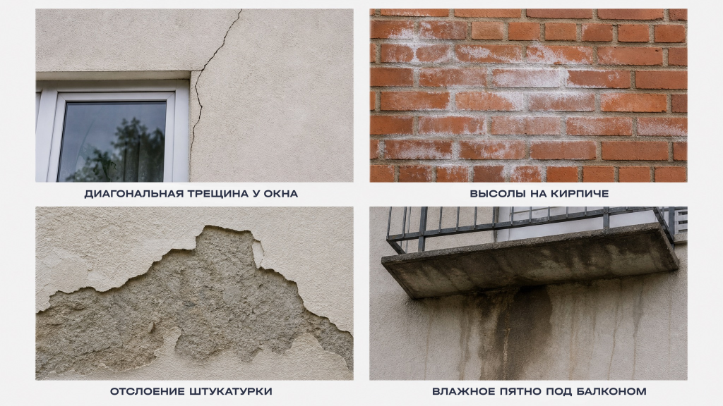 Примеры трещин, высолов и следов влаги на фасаде дома