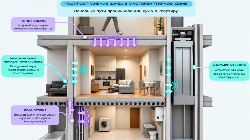 Распространение воздушного и ударного шума в многоквартирном доме